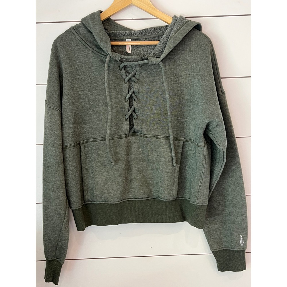 Free People Movement Lace Up Hoodie Olive Green Cropped Sweatshirt Womens S